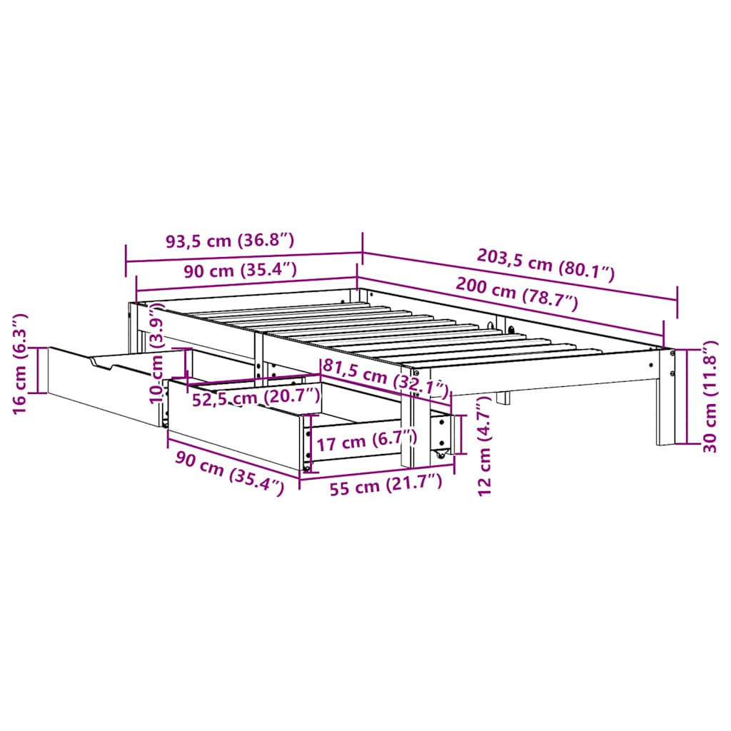 Bed Frame with Drawers without Mattress White 90x200 cm