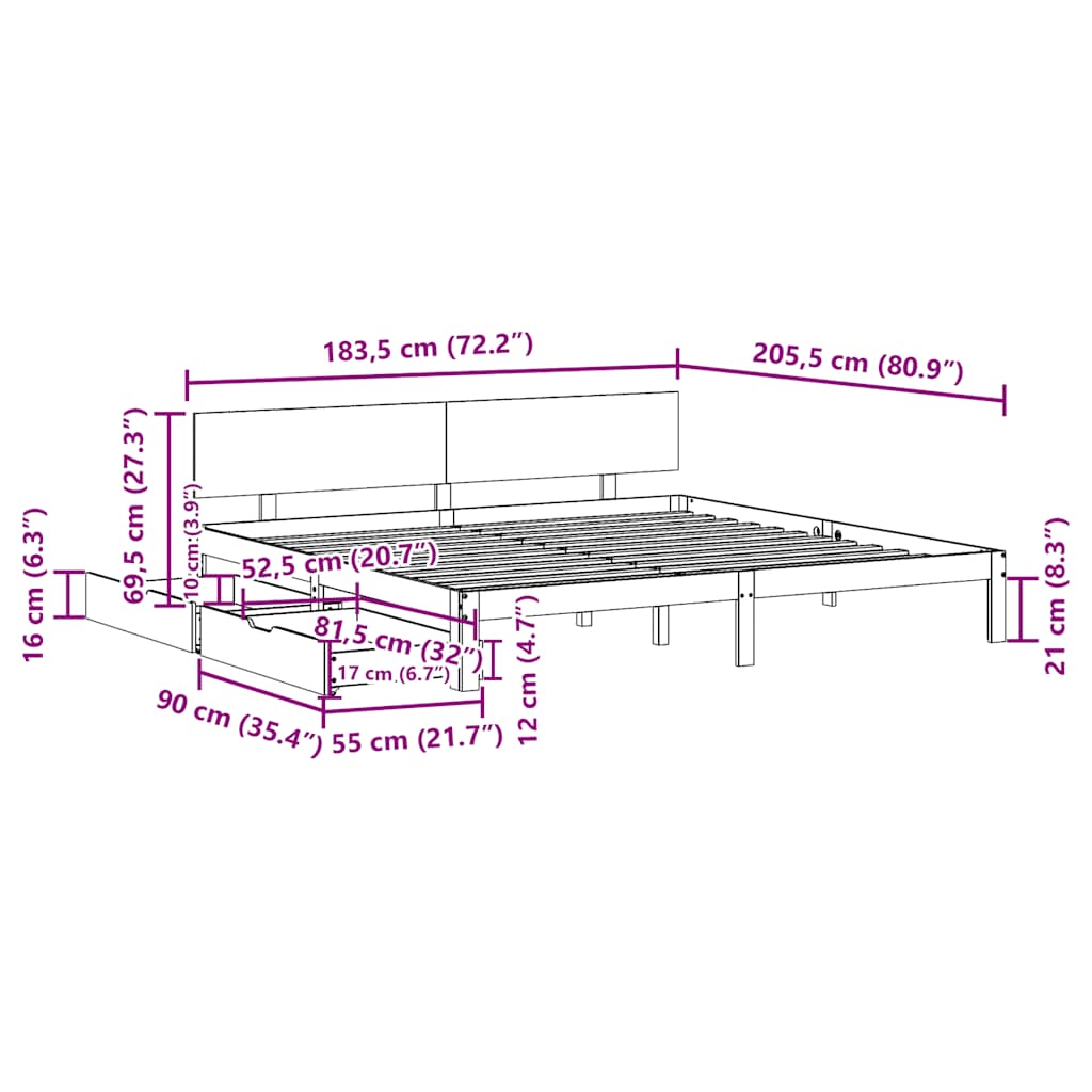 Bed Frame with Drawers without Mattress White 180x200 cm Super King