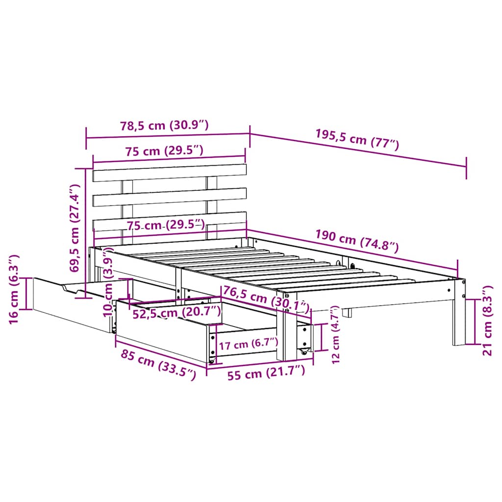 Bed Frame with Drawers without Mattress White75x190 cm
