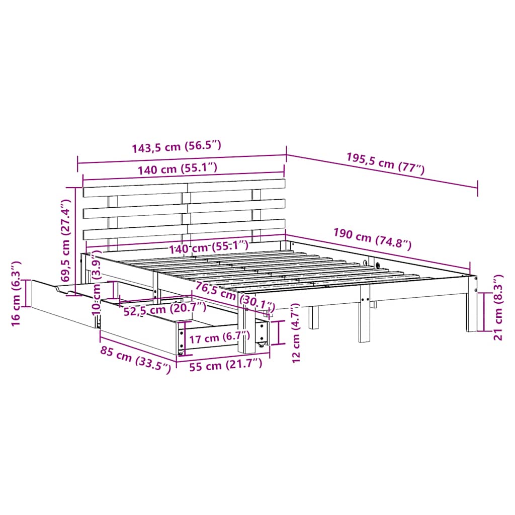 Bed Frame with Drawers without Mattress White 140x190 cm