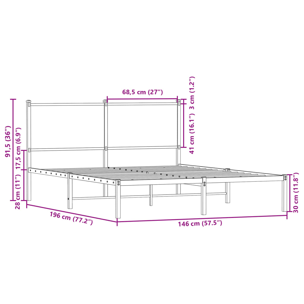 Metal Bed Frame without Mattress Smoked Oak 140x190 cm