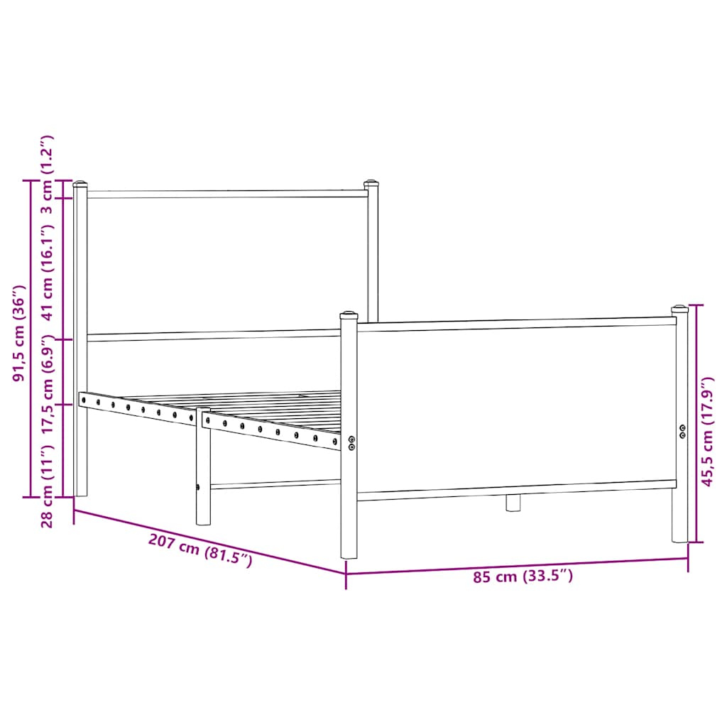 Metal Bed Frame without Mattress Smoked Oak 80x200 cm