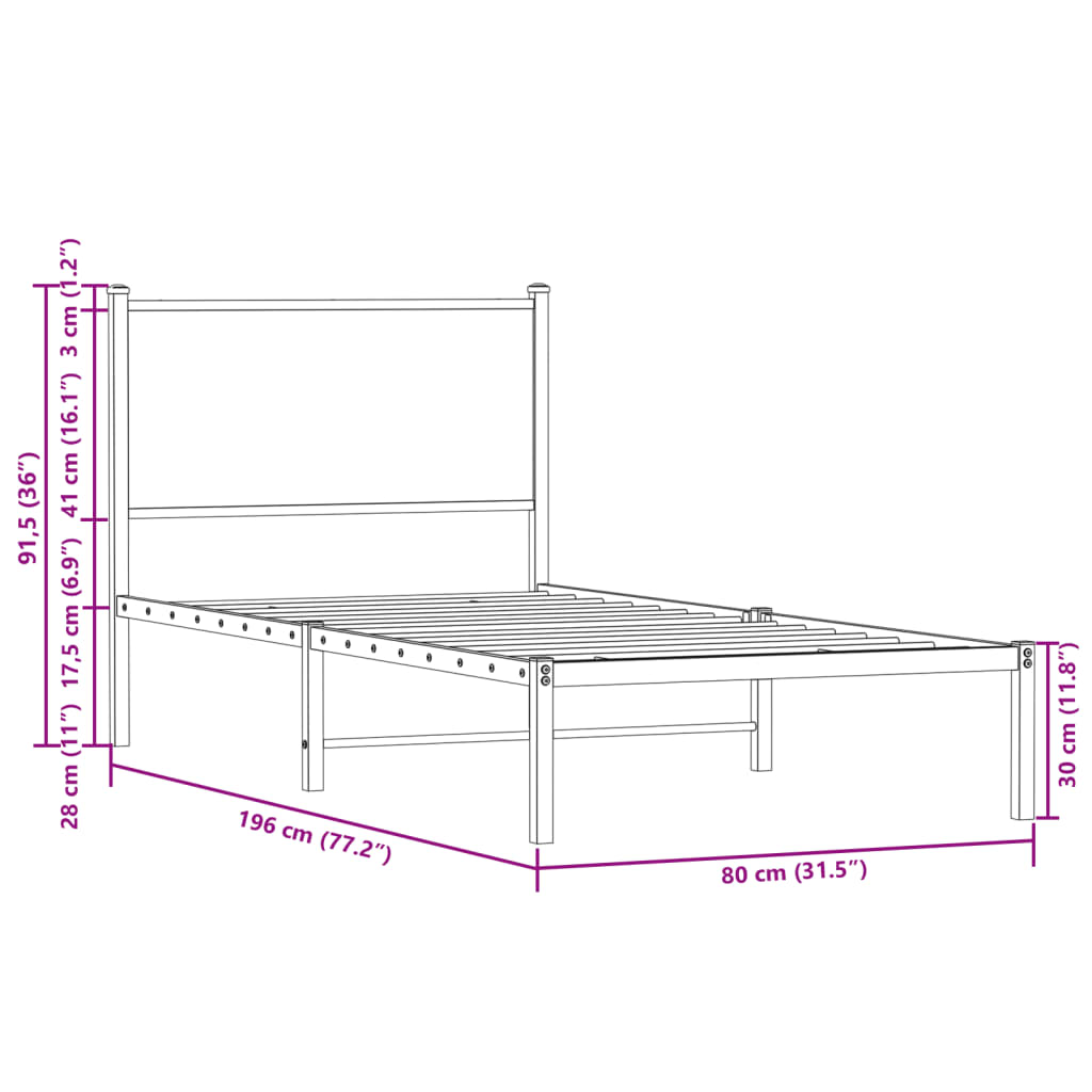 Metal Bed Frame without Mattress Sonoma Oak 75x190 cm Small Single