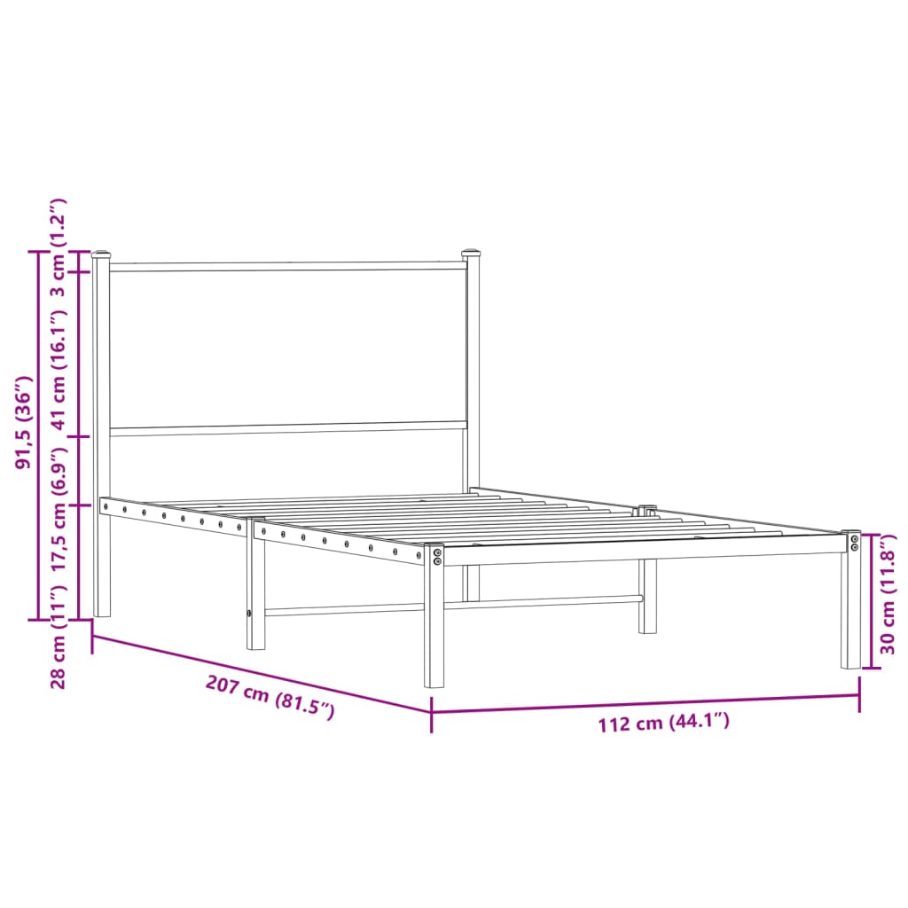 Metal Bed Frame without Mattress Sonoma Oak 107x203 cm