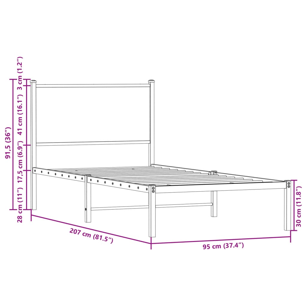 Metal Bed Frame without Mattress Brown Oak 90x200 cm