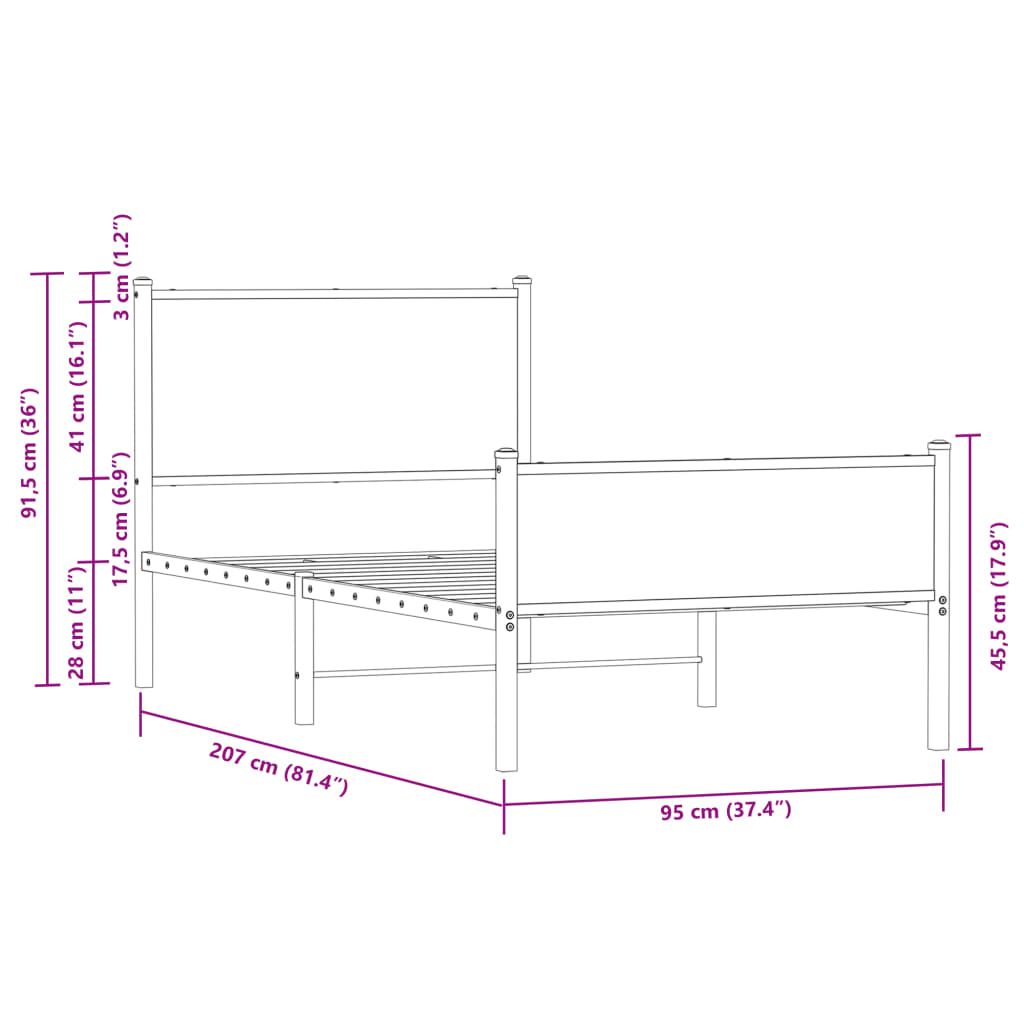 Metal Bed Frame without Mattress Sonoma Oak 90x200 cm
