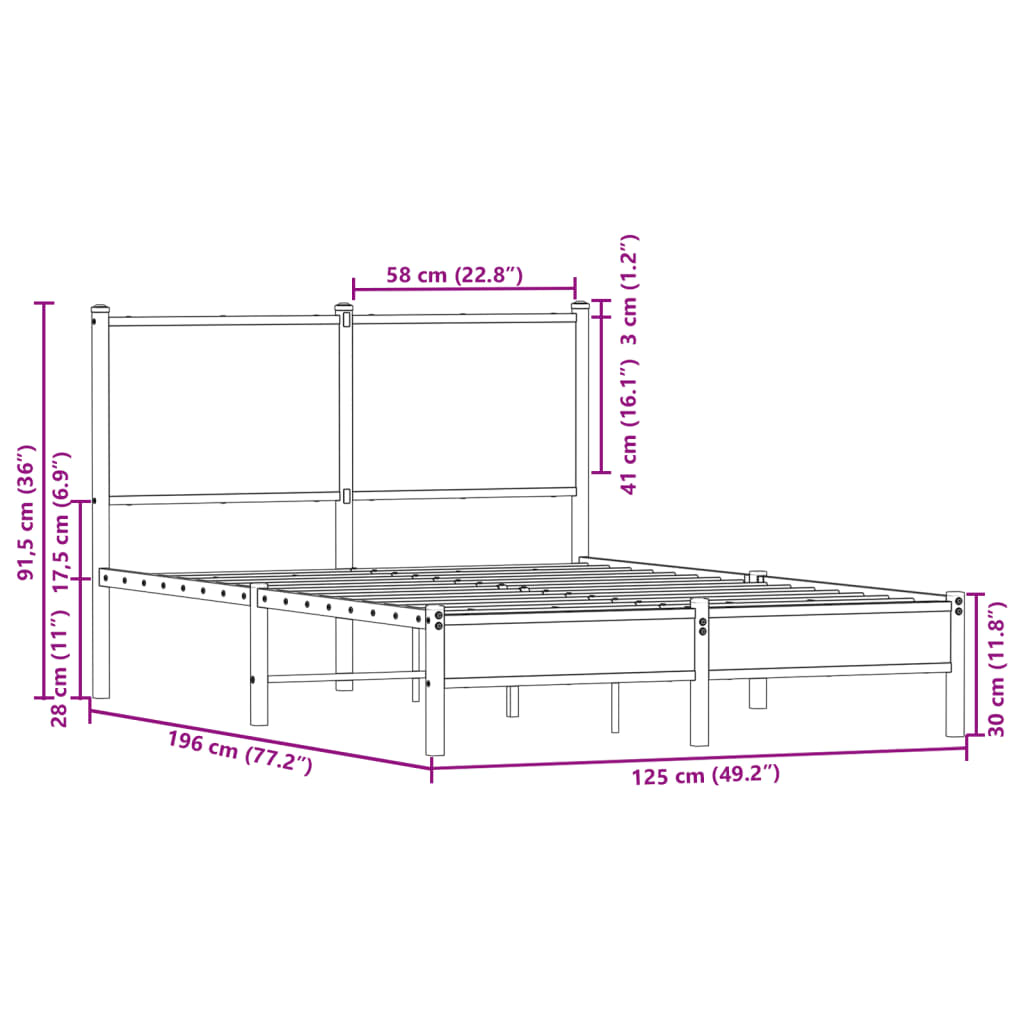 Metal Bed Frame without Mattress Brown Oak 120x190 cm Small Double