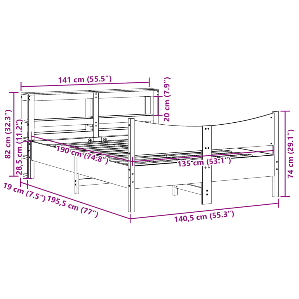 Bed Frame with Headboard Wax Brown 135x190 cm Double Solid Wood Pine