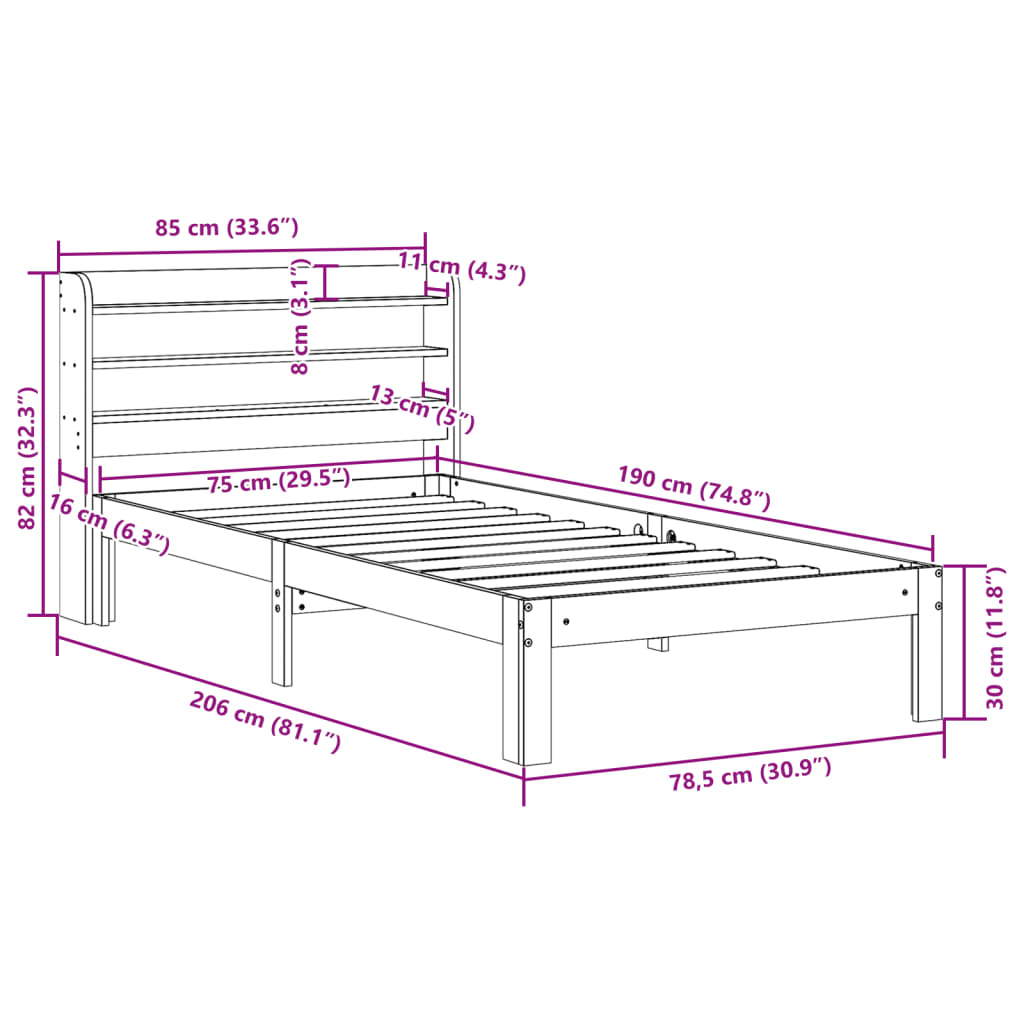Bed Frame with Headboard without Mattress 75x190 cm Small Single