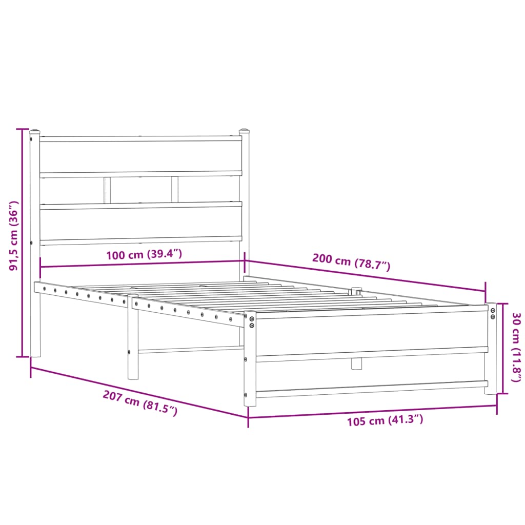 Metal Bed Frame without Mattress Smoked Oak 100x200 cm