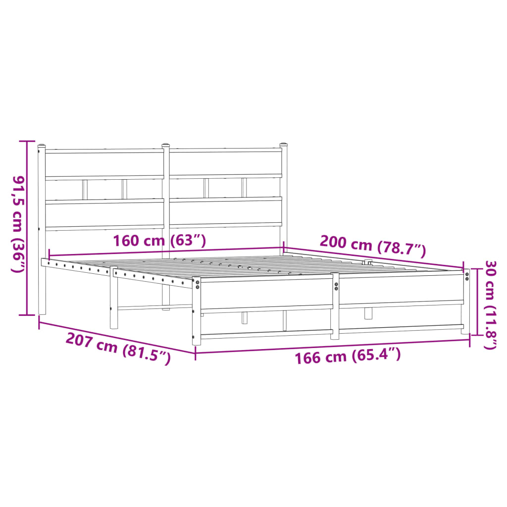 Metal Bed Frame without Mattress Brown Oak 160x200 cm
