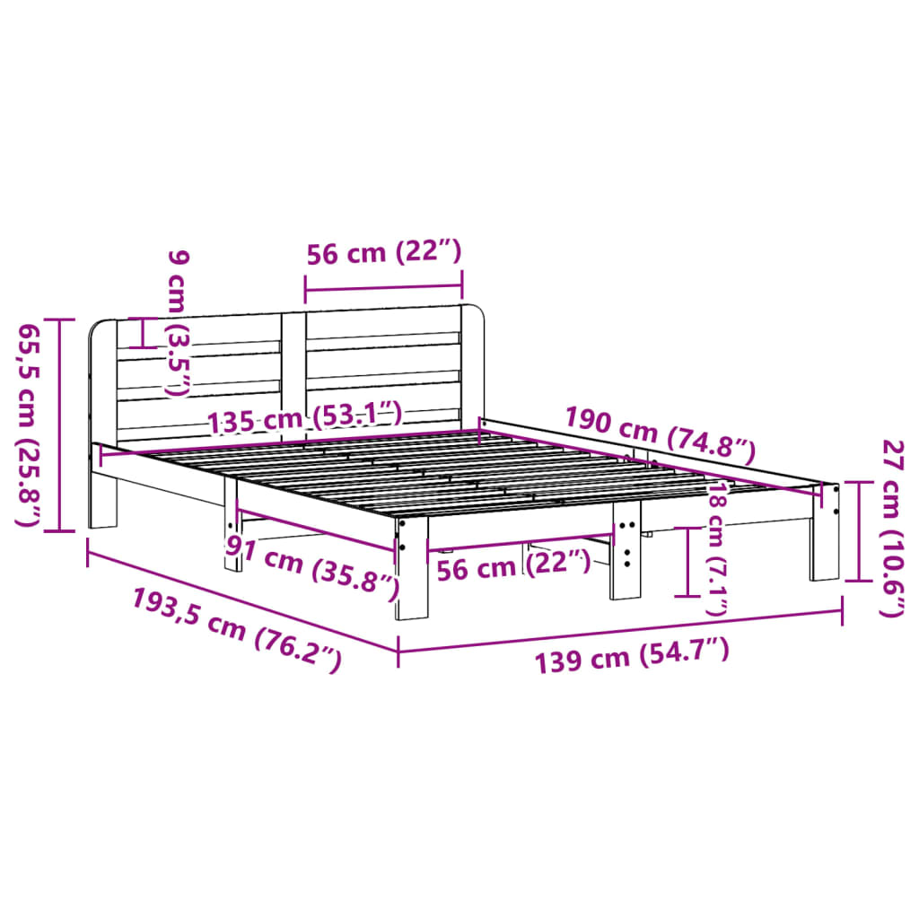Bed Frame without Mattress 135x190 cm Double Solid Wood Pine