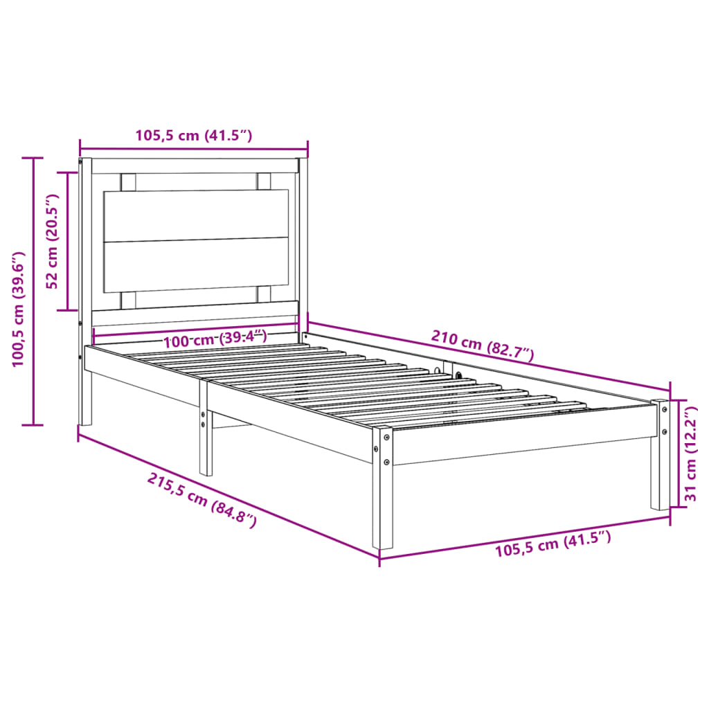 Extra Long Bed Frame without Mattress 100x210 cm Solid Wood