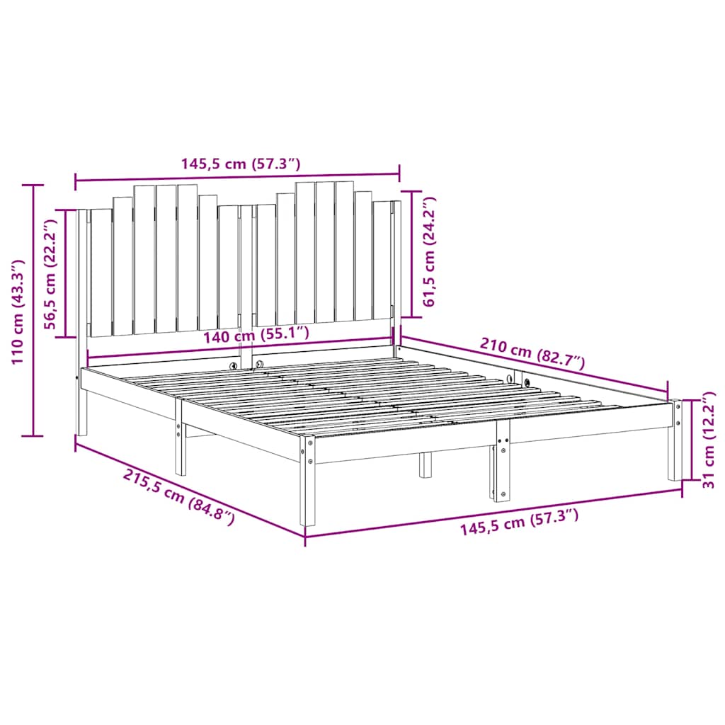 Extra Long Bed Frame without Mattress 140x210 cm Solid Wood