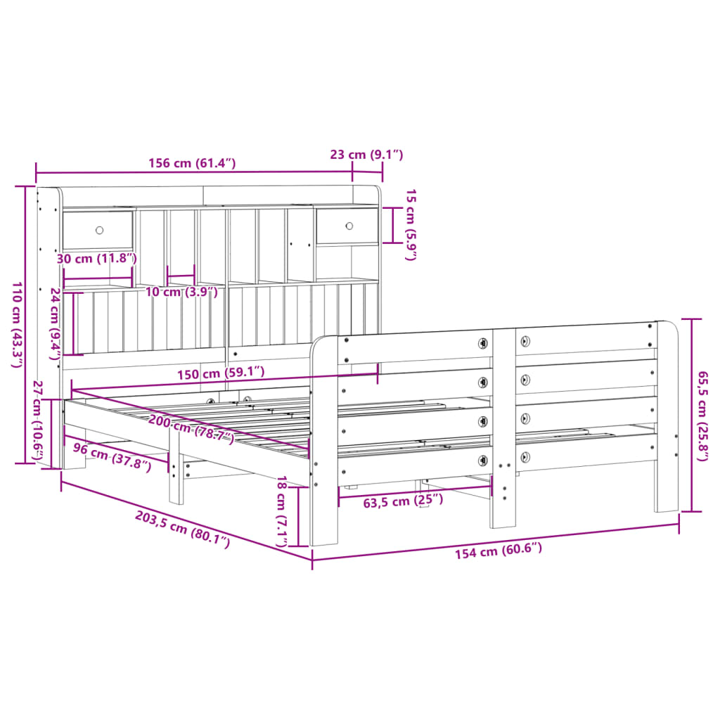 Bookcase Bed without Mattress 150x200 cm King Size Solid Wood Pine