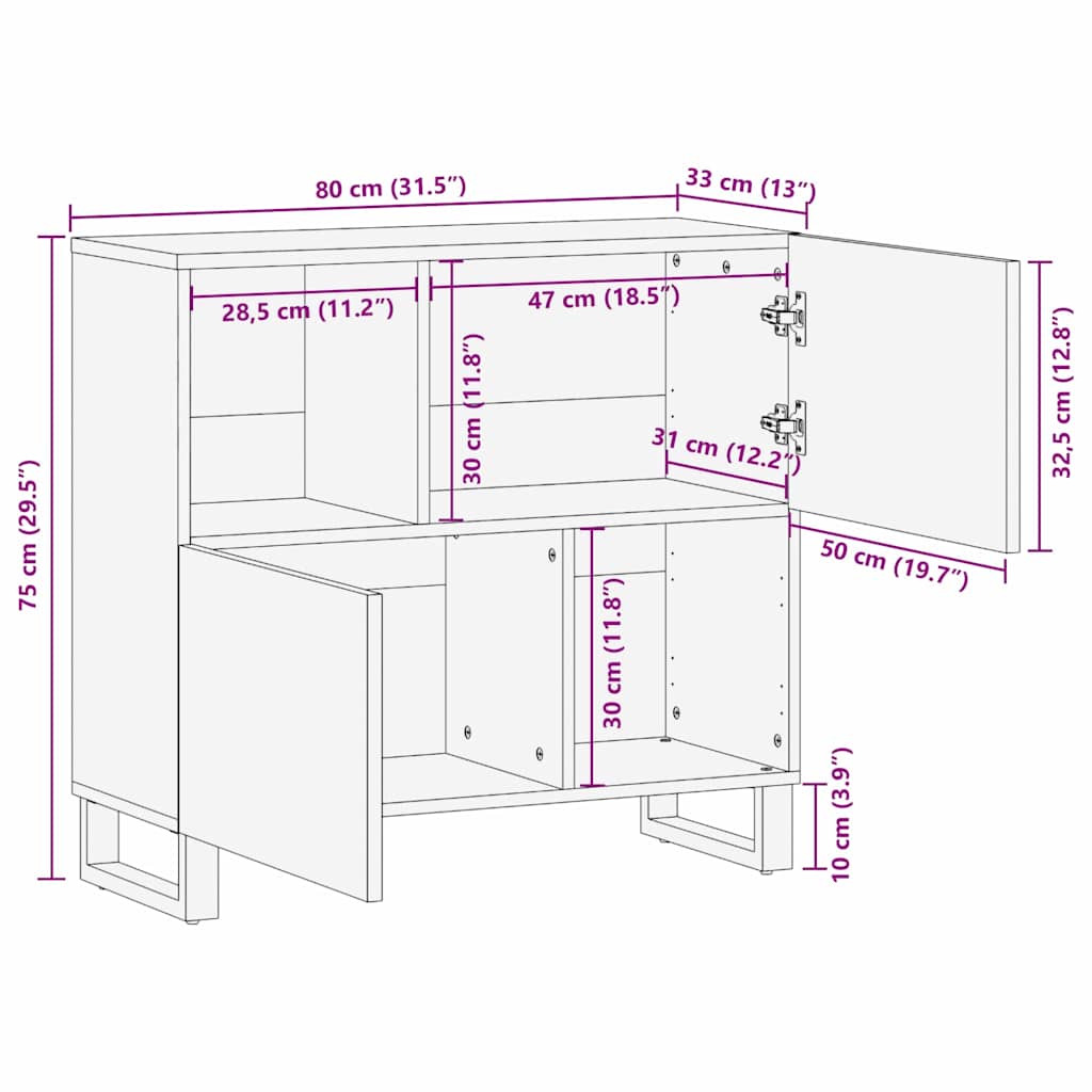 Sideboard – 80x33.5x75 cm, Made from Solid Mango Wood