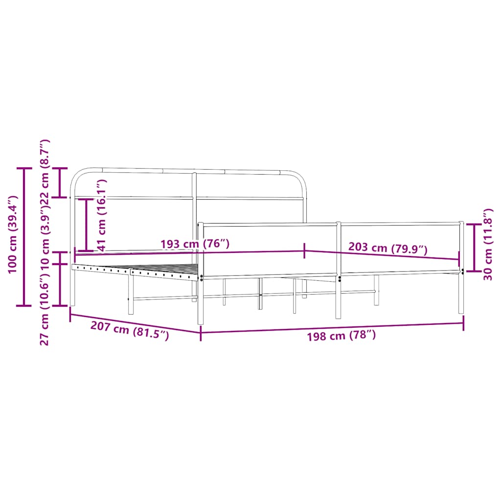 Metal Bed Frame without Mattress Smoked Oak 193x203 cm