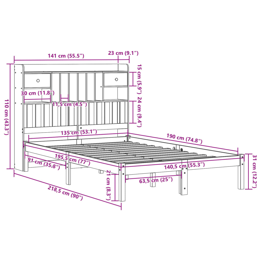 Bookcase Bed without Mattress 135x190 cm Double Solid Wood Pine