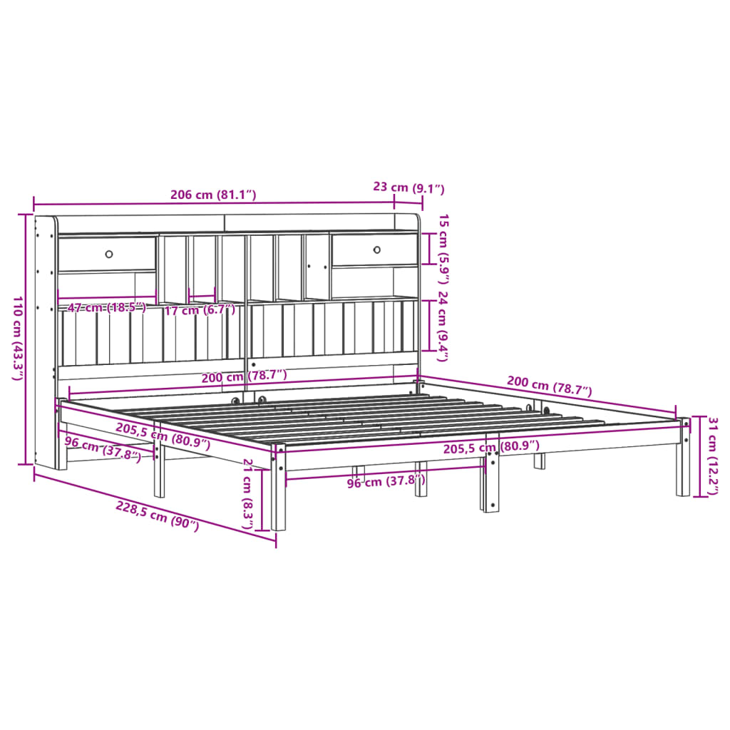 Bookcase Bed without Mattress Wax Brown 200x200 cm Solid Wood Pine