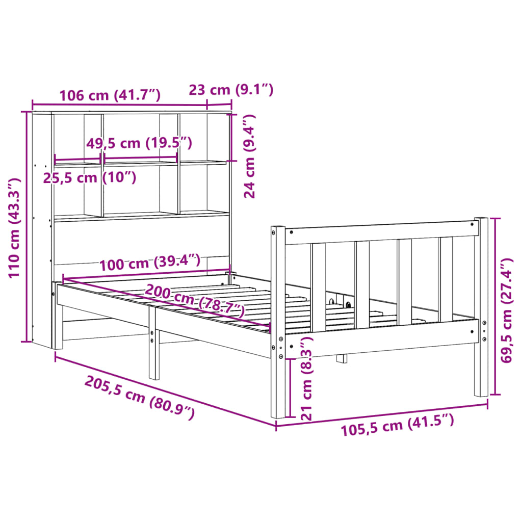 Bookcase Bed without Mattress Wax Brown 100x200 cm Solid Wood Pine
