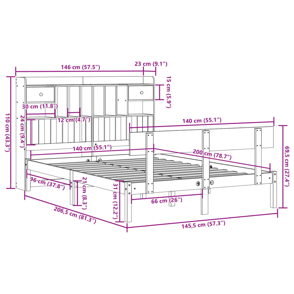 Bookcase Bed without Mattress 140x200 cm Solid Wood Pine