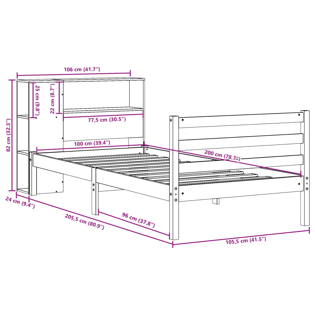 Bookcase Bed without Mattress 100x200 cm Solid Wood Pine