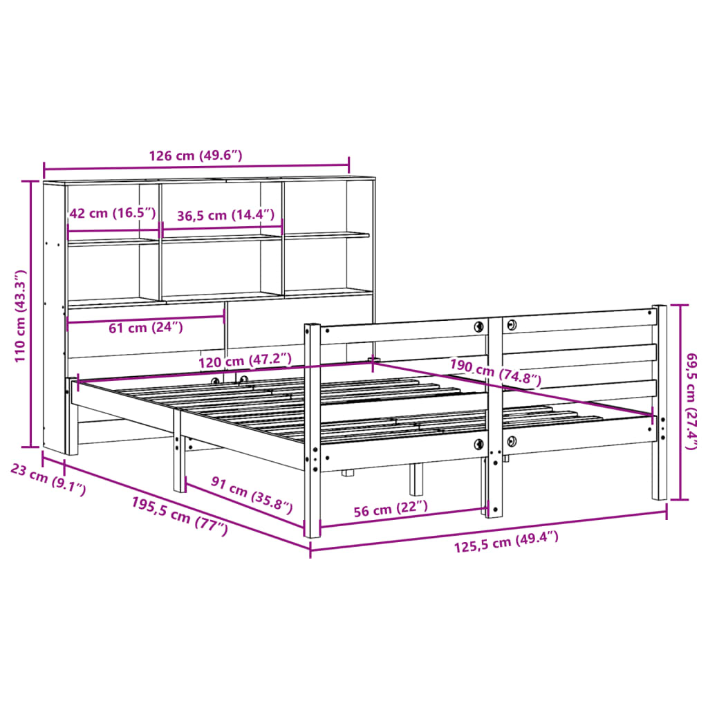 Bookcase Bed without Mattress White 120x190 cm Small Double Solid Wood Pine