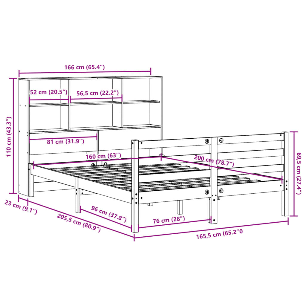 Bookcase Bed without Mattress 160x200 cm Solid Wood Pine