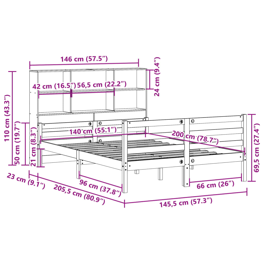 Bookcase Bed without Mattress 140x200 cm Solid Wood Pine