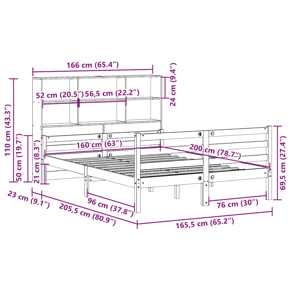 Bookcase Bed without Mattress 160x200 cm Solid Wood Pine