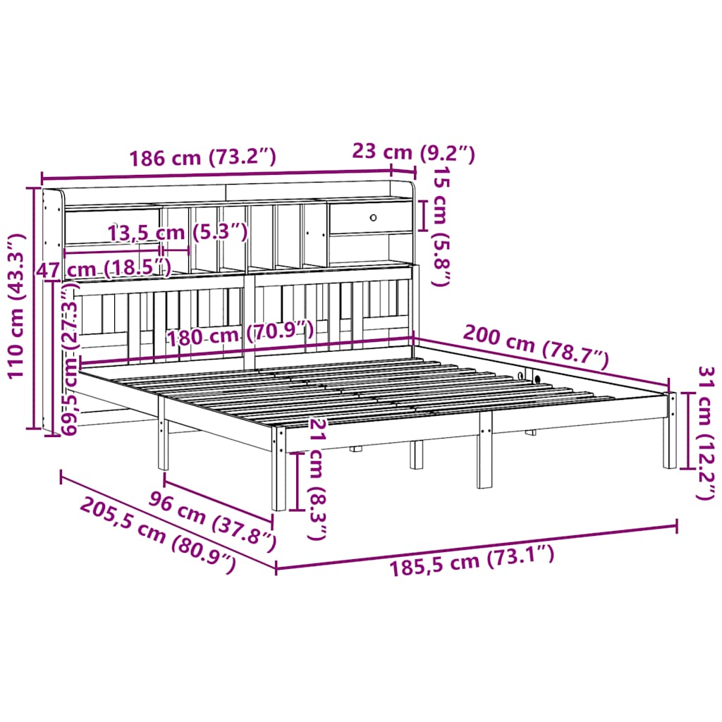 Bookcase Bed without Mattress 180x200 cm Super King Solid Wood Pine