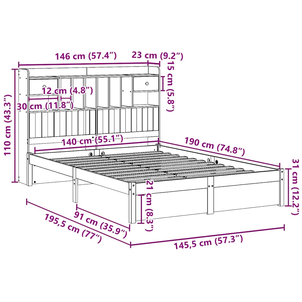 Bookcase Bed without Mattress White 140x190cm Solid Wood Pine