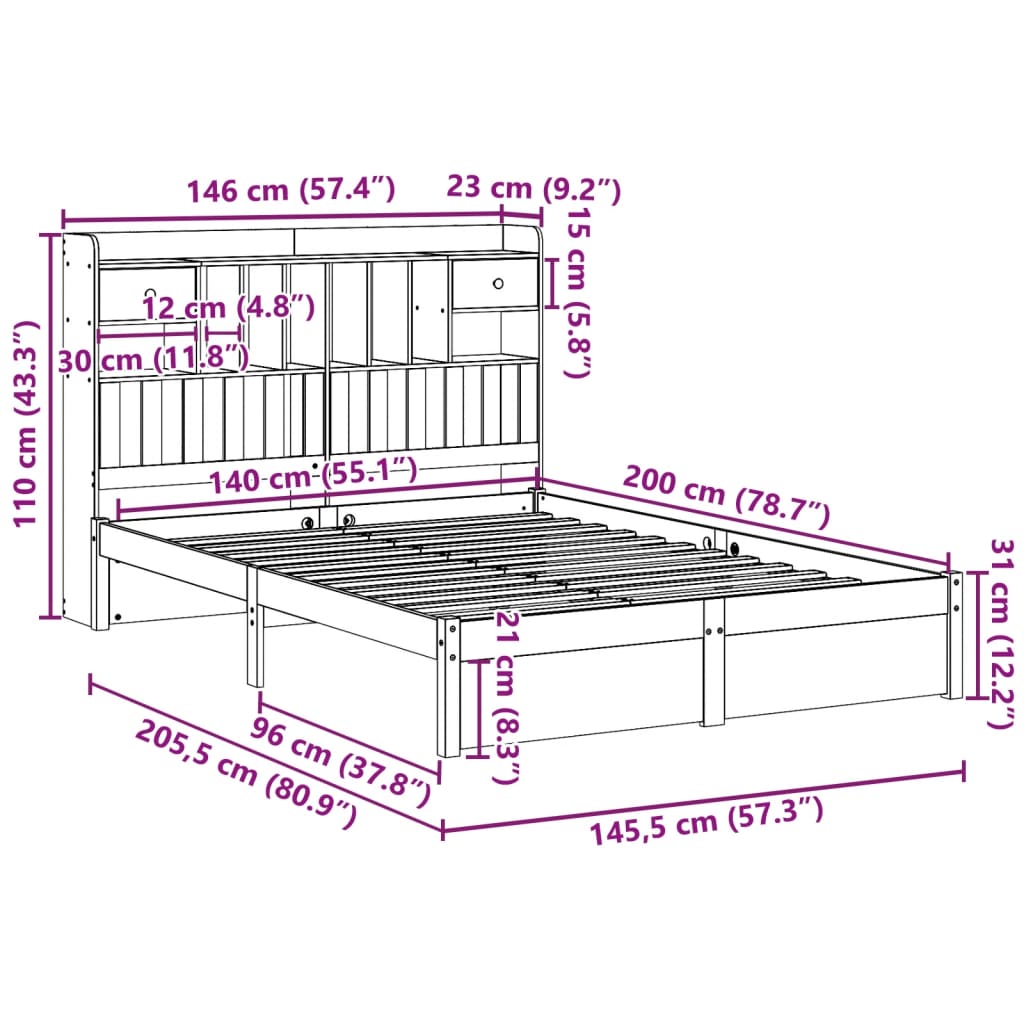 Bookcase Bed without Mattress 140x200cm Solid Wood Pine