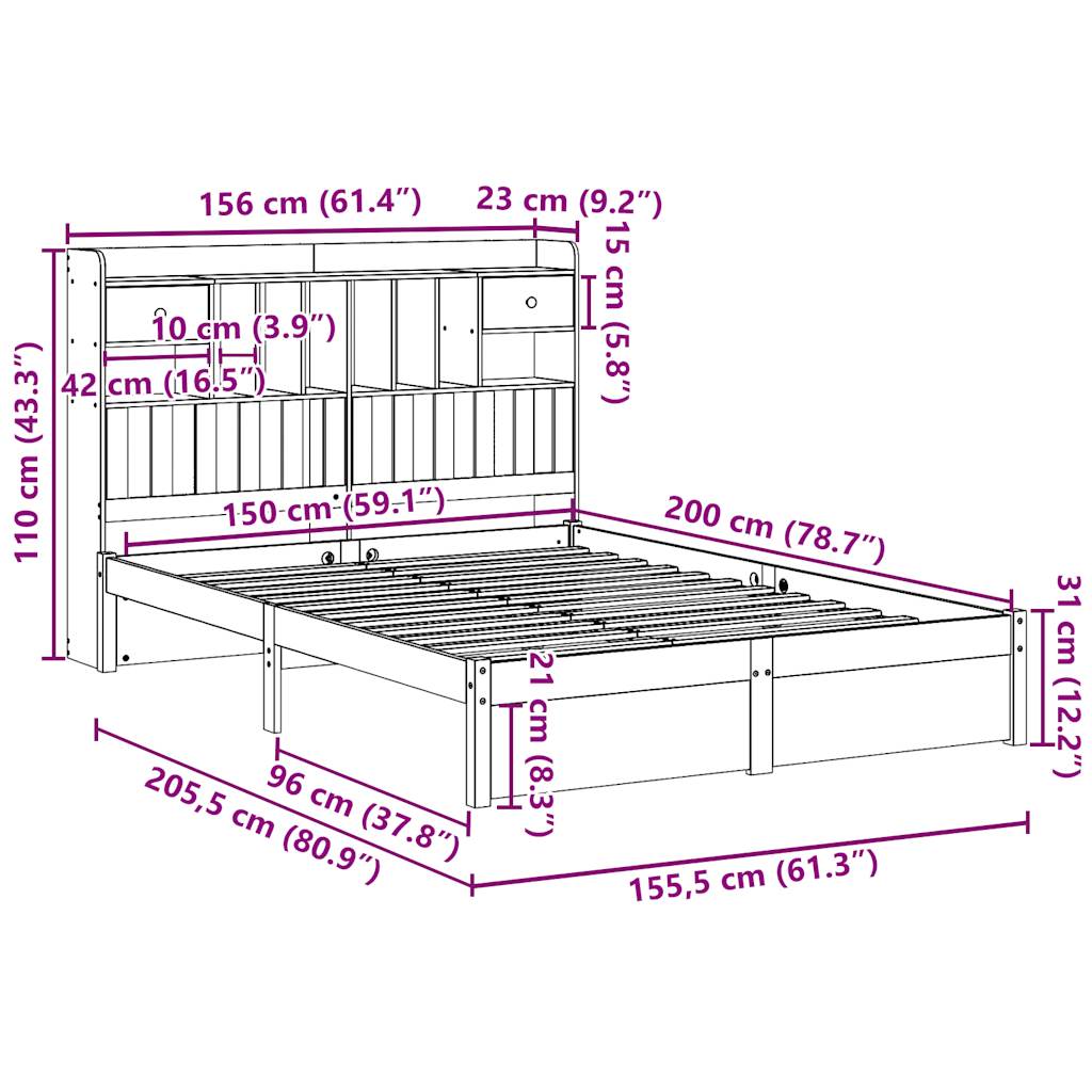 Bookcase Bed without Mattress 150x200cm King Size Solid Wood Pine