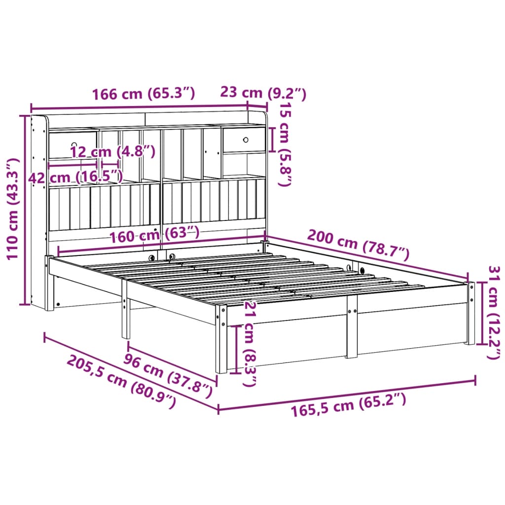 Bookcase Bed without Mattress 160x200cm Solid Wood Pine