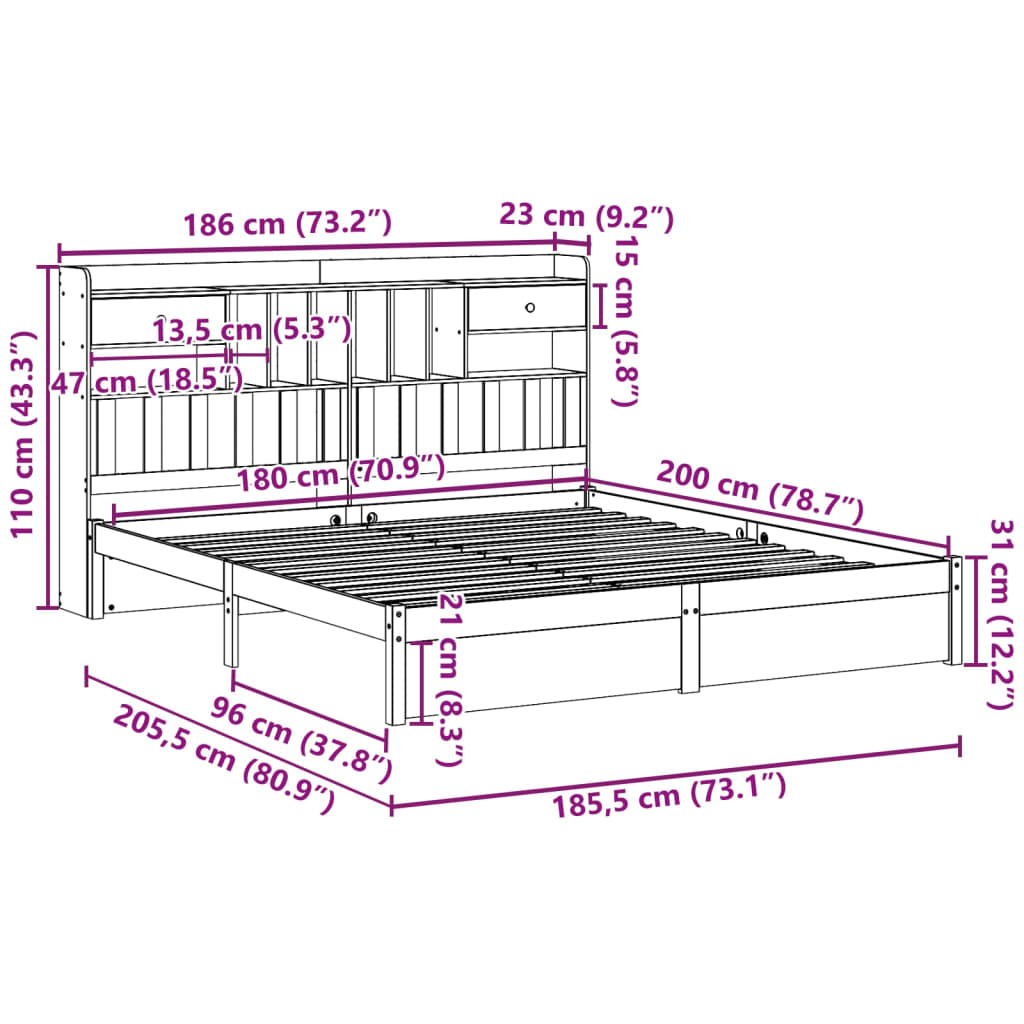 Bookcase Bed without Mattress White 180x200cm Super King Solid Wood Pine