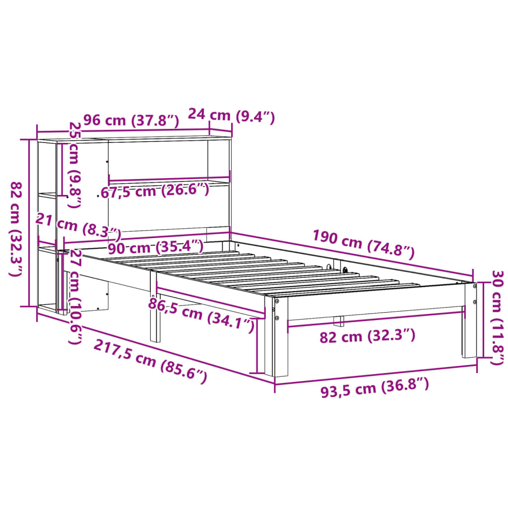 Bookcase Bed without Mattress White 90x190 cm Single Solid Wood Pine