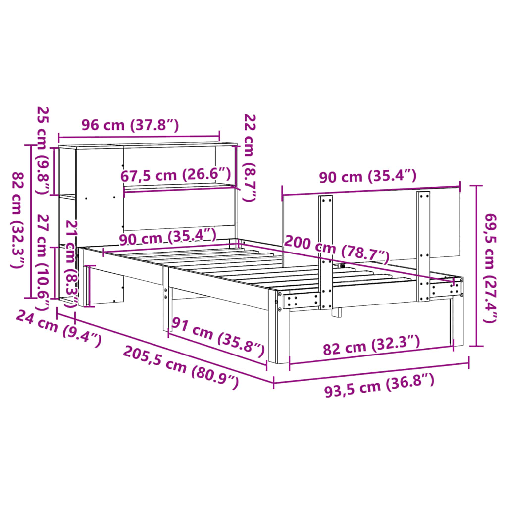 Bookcase Bed without Mattress 90x200cm Solid Wood Pine