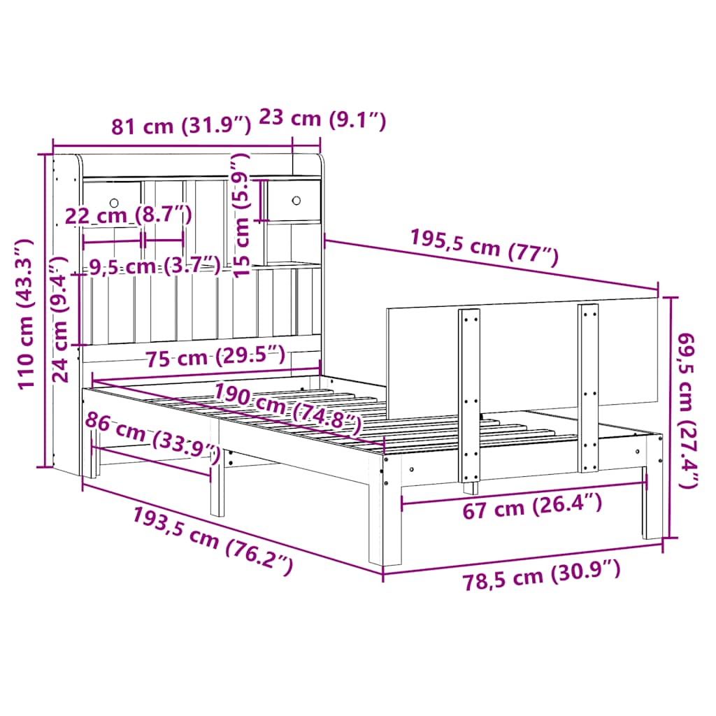 Bookcase Bed without Mattress White 75x190cm Solid Wood Pine