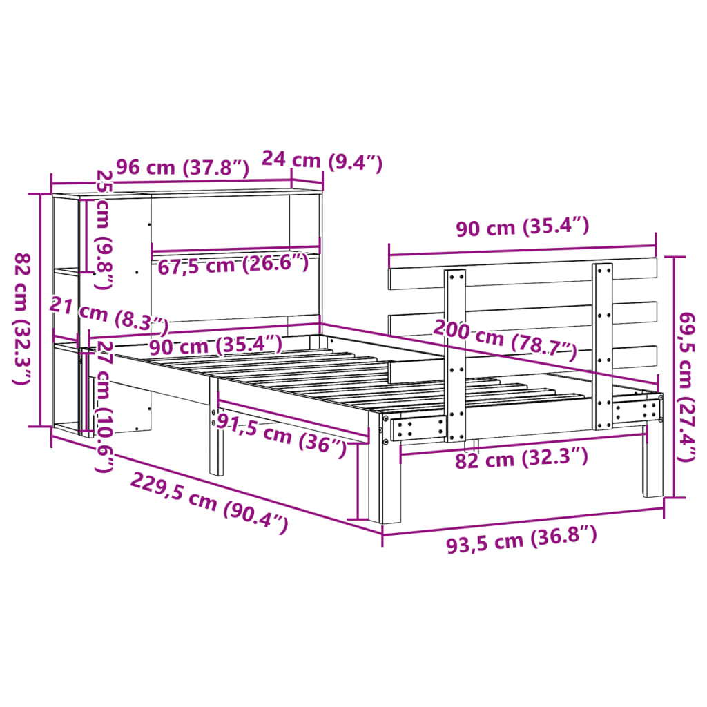 Bookcase Bed without Mattress White 90x200cm Solid Wood Pine