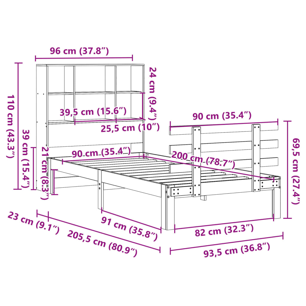 Bookcase Bed without Mattress 90x200cm Solid Wood Pine