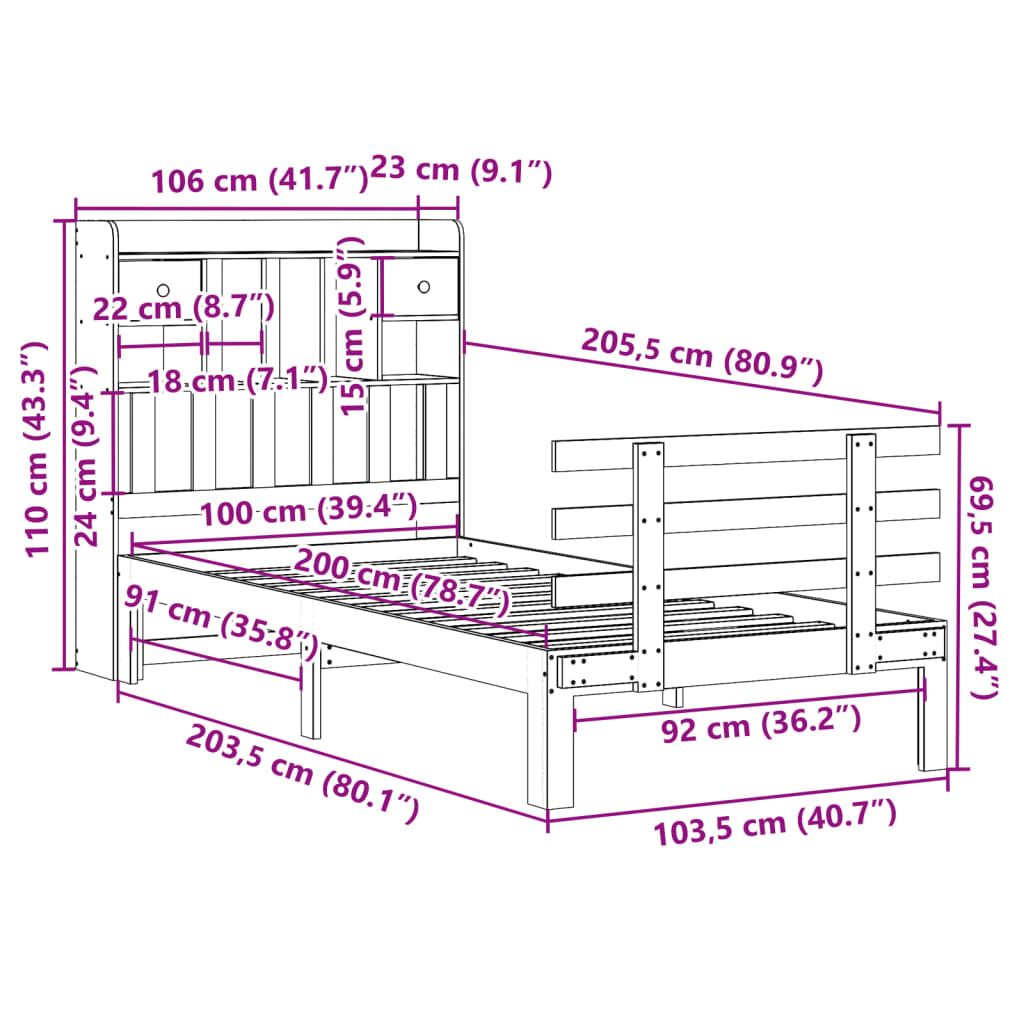 Bookcase Bed without Mattress 100x200cm Solid Wood Pine