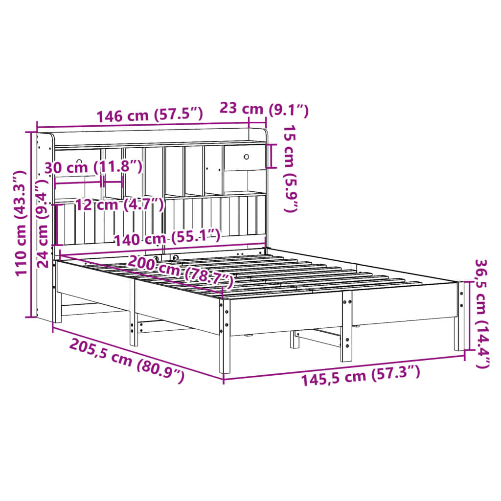 Bookcase Bed without Mattress White 140x200 cm Solid Wood Pine