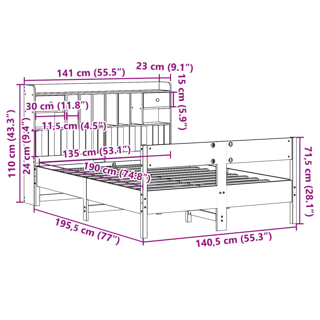 Bookcase Bed without Mattress 135x190cm Double Solid Wood Pine