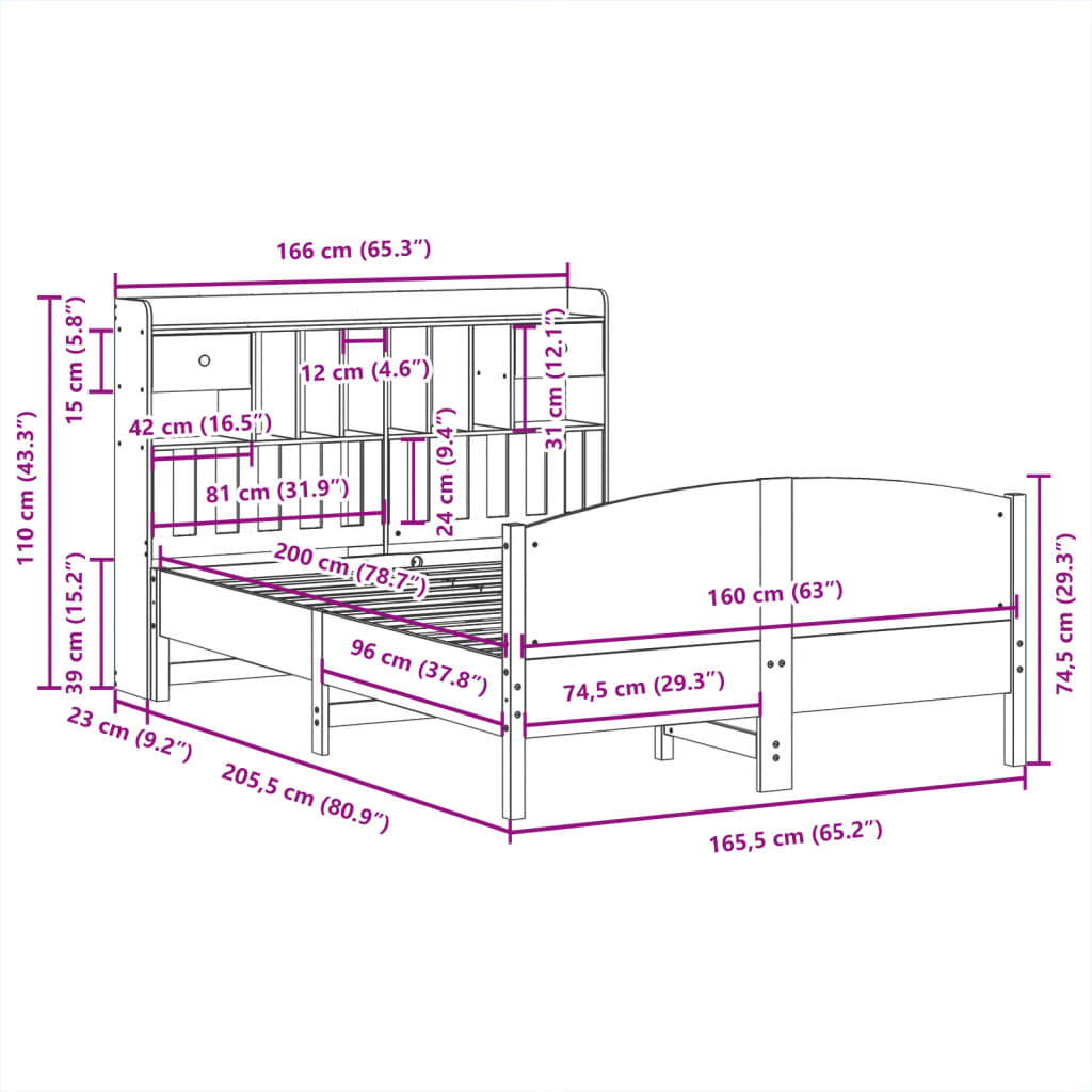 Bookcase Bed without Mattress 160x200cm Solid Wood Pine