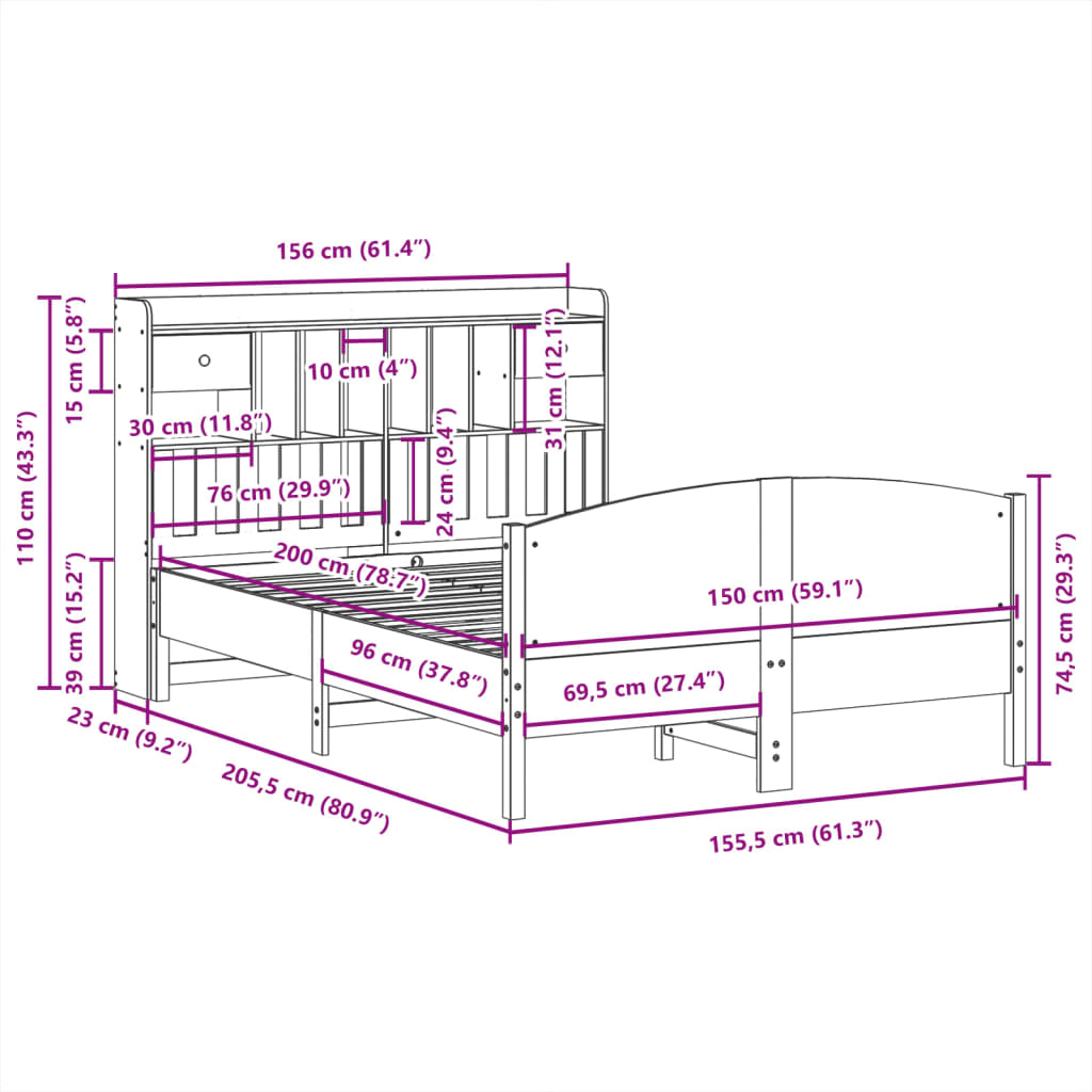 Bookcase Bed without Mattress White 150x200 cm King Size Solid Wood Pine