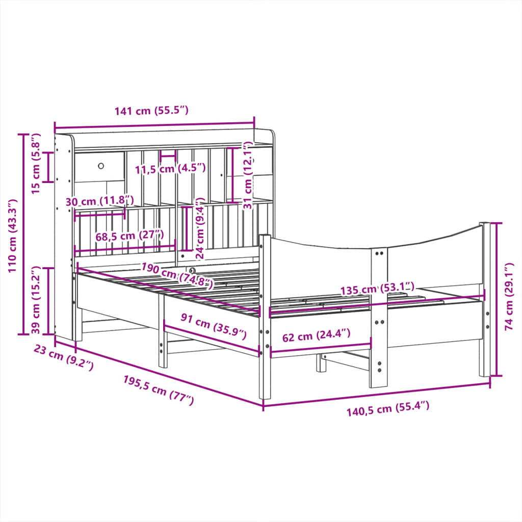Bed Frame without Mattress Wax Brown 135x190 cm Double Solid Wood Pine