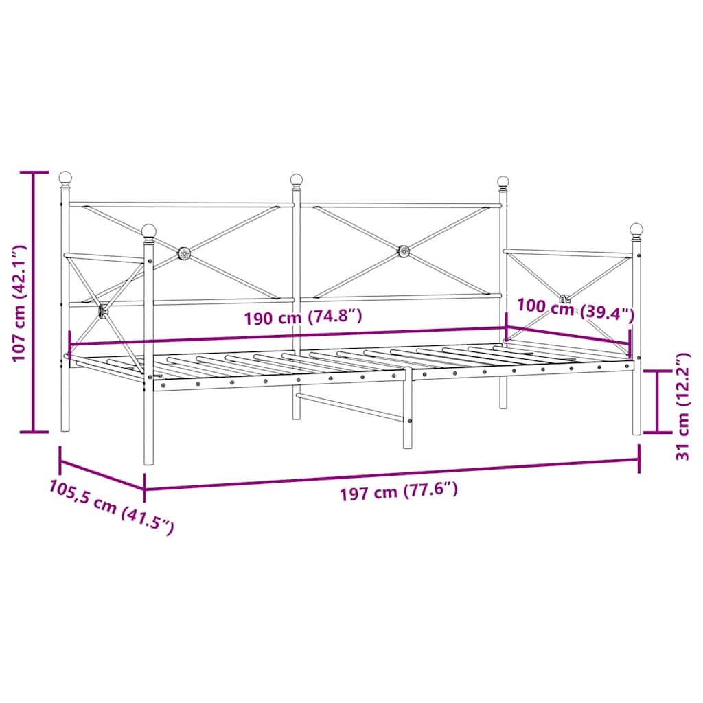 Day Bed without Mattress Black 100x190 cm Steel