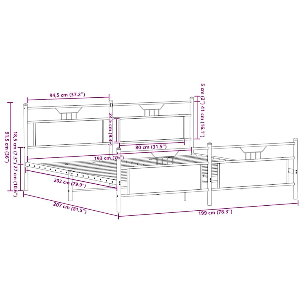Metal Bed Frame without Mattress Sonoma Oak 193x203 cm