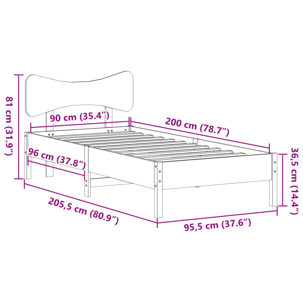 Bed Frame without Mattress Wax Brown 90x200 cm Solid Wood Pine